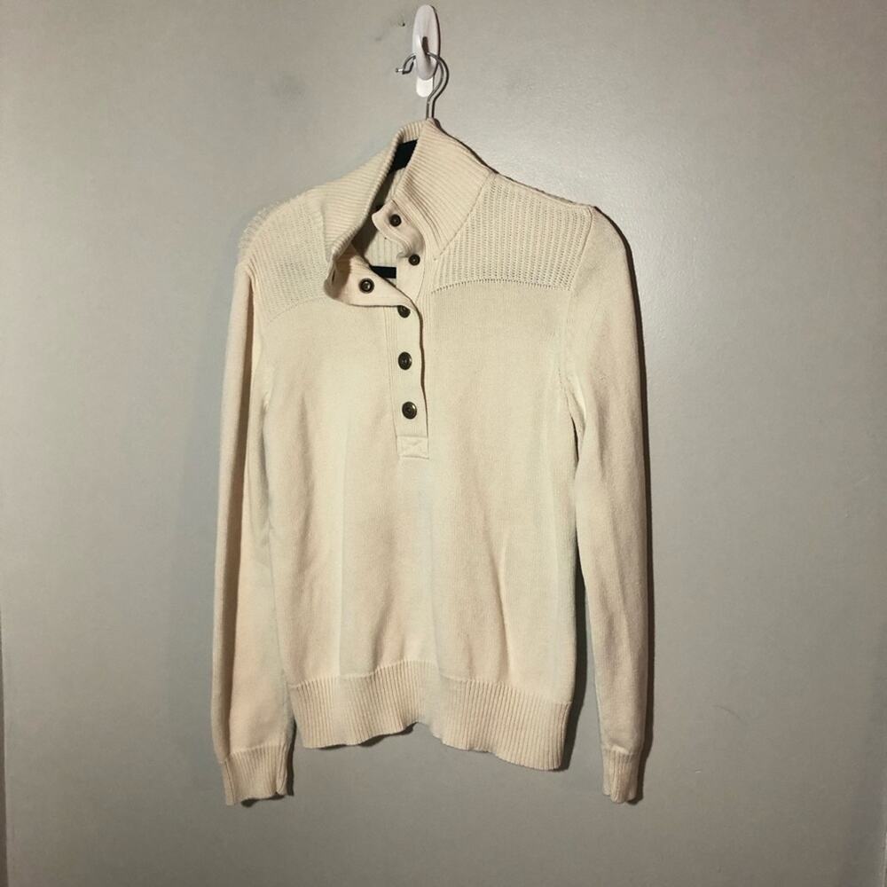 Ralph Lauren women cotton cream knit sweater 1/4 snap high neck M preppy classic
